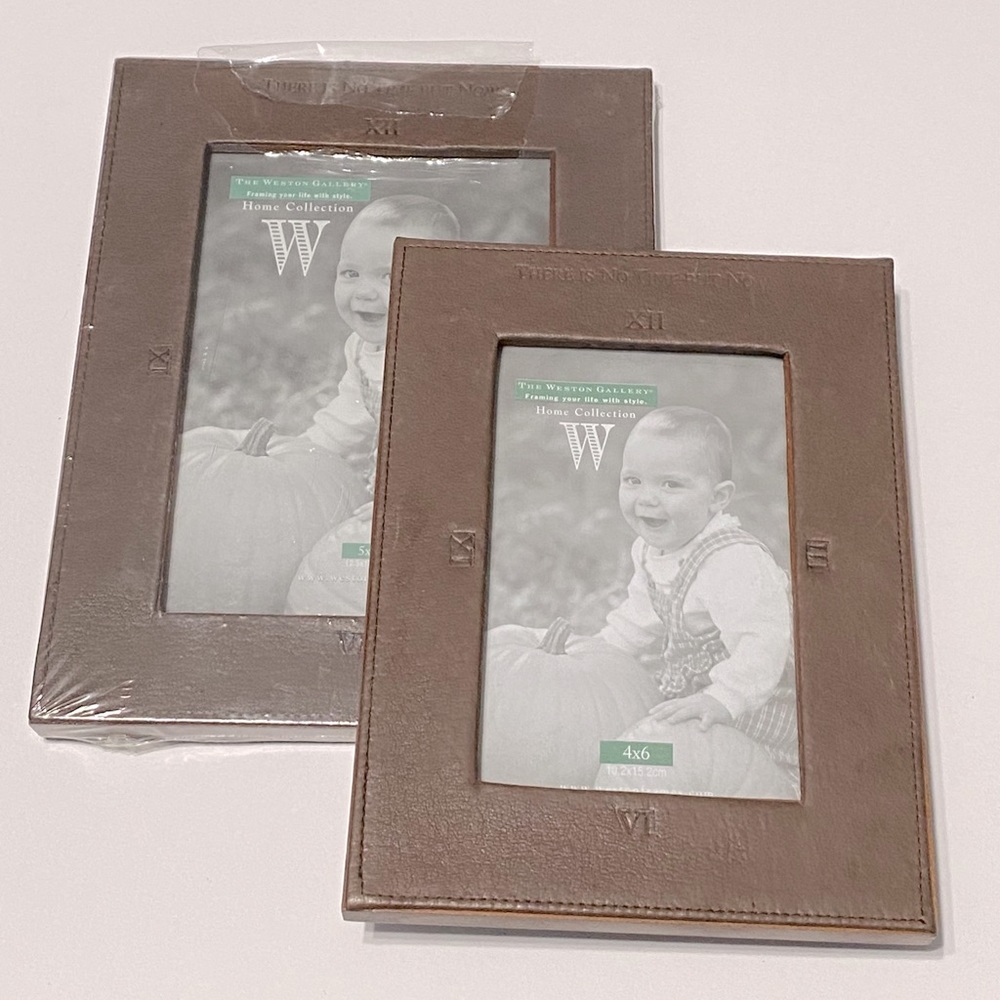 Two Brown Faux Leather Photo Frames with Roman Numeral Clock & Time Inscription
